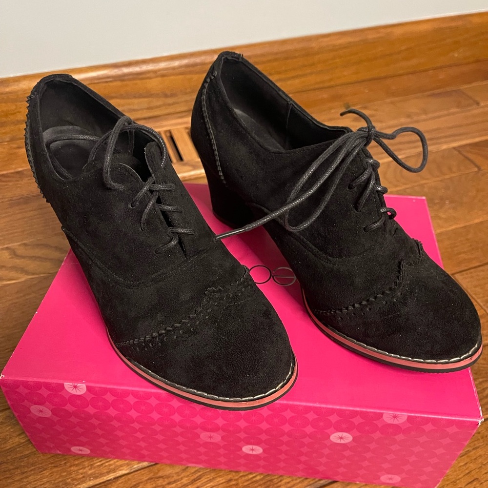 Black Suede Lace-Up Women's Wedge Oxfords
